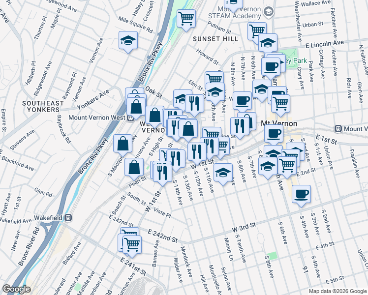 map of restaurants, bars, coffee shops, grocery stores, and more near 30 Mount Vernon Avenue in Mount Vernon
