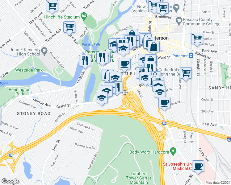 map of restaurants, bars, coffee shops, grocery stores, and more near 90 Spruce Street in Paterson