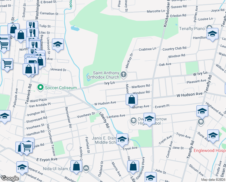 map of restaurants, bars, coffee shops, grocery stores, and more near 392 Marlboro Road in Englewood