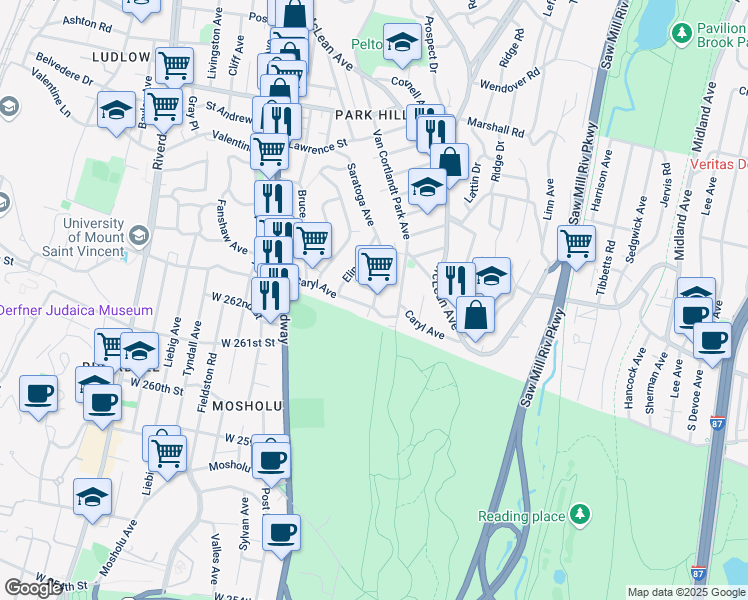 map of restaurants, bars, coffee shops, grocery stores, and more near 197 Saratoga Avenue in Yonkers