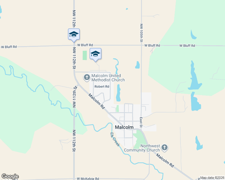 map of restaurants, bars, coffee shops, grocery stores, and more near 310 Elk Creek Road in Malcolm