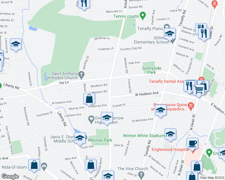 map of restaurants, bars, coffee shops, grocery stores, and more near 373 Knickerbocker Road in Englewood