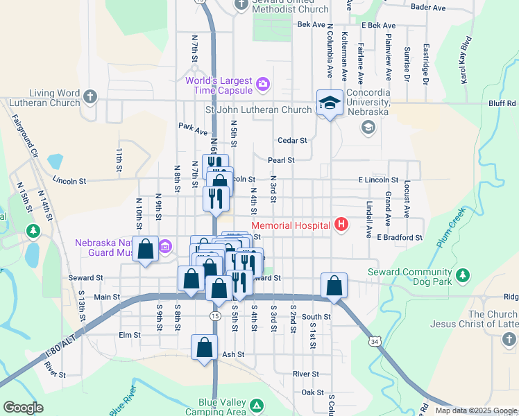 map of restaurants, bars, coffee shops, grocery stores, and more near 424 North 4th Street in Seward