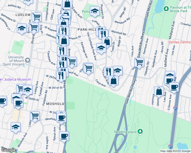map of restaurants, bars, coffee shops, grocery stores, and more near 632 Van Cortlandt Park Avenue in Yonkers