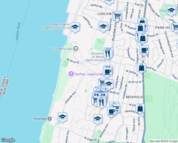 map of restaurants, bars, coffee shops, grocery stores, and more near 670 West 261st Street in The Bronx