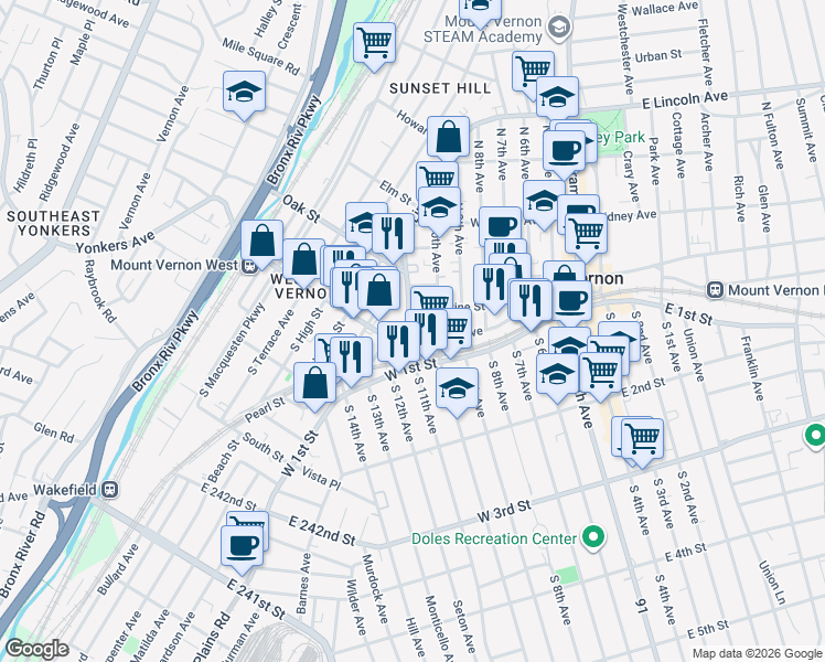 map of restaurants, bars, coffee shops, grocery stores, and more near 193 Stevens Avenue in Mount Vernon