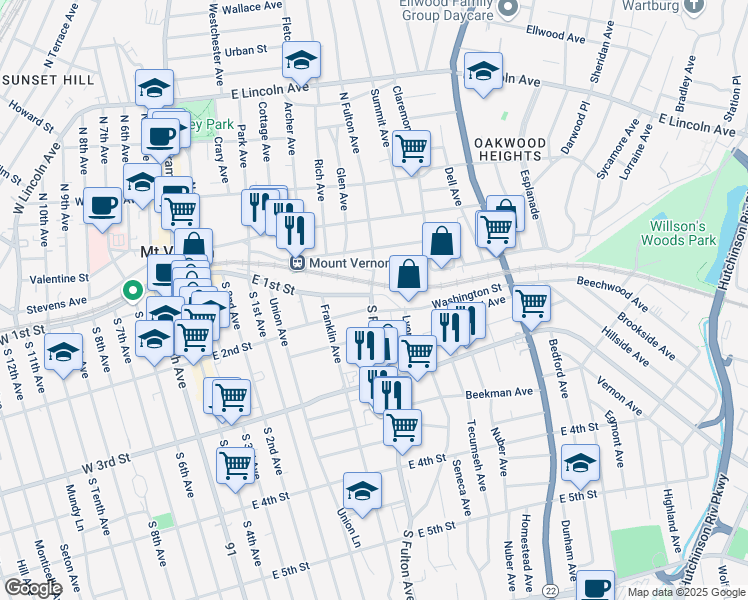 map of restaurants, bars, coffee shops, grocery stores, and more near 7 South Fulton Avenue in Mount Vernon