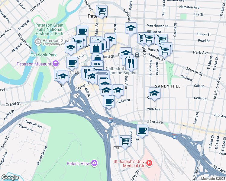 map of restaurants, bars, coffee shops, grocery stores, and more near 220 Slater Street in Paterson