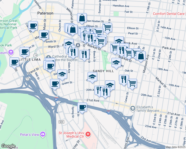 map of restaurants, bars, coffee shops, grocery stores, and more near 103 Beech Street in Paterson