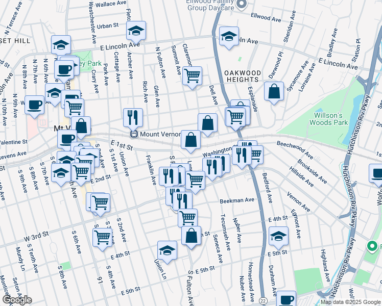 map of restaurants, bars, coffee shops, grocery stores, and more near 233 Washington Street in Mount Vernon