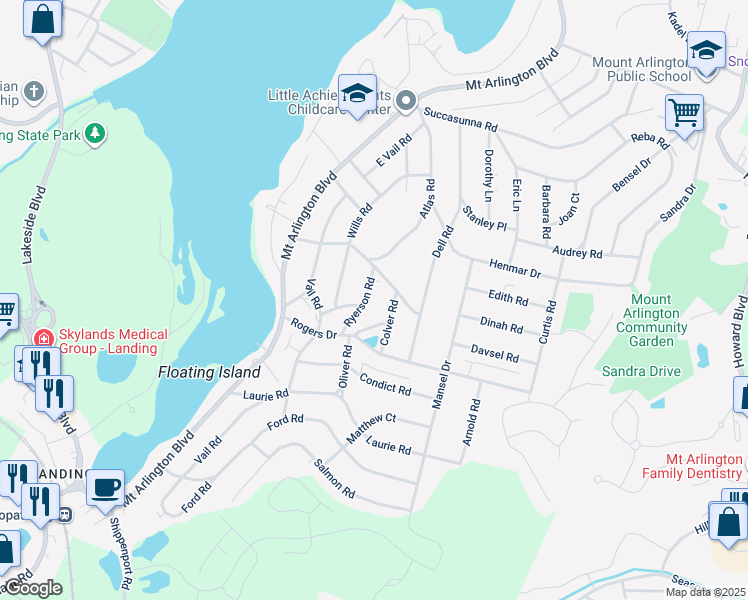 map of restaurants, bars, coffee shops, grocery stores, and more near 514 Ryerson Road in Roxbury Township