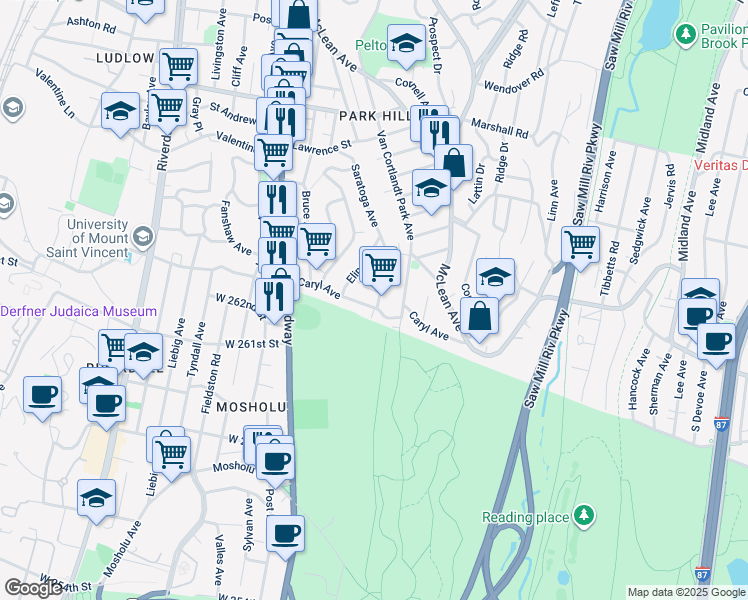 map of restaurants, bars, coffee shops, grocery stores, and more near 195 Saratoga Avenue in Yonkers