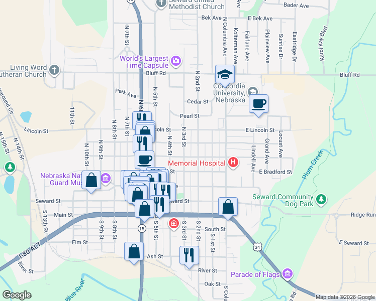 map of restaurants, bars, coffee shops, grocery stores, and more near 422 North 3rd Street in Seward