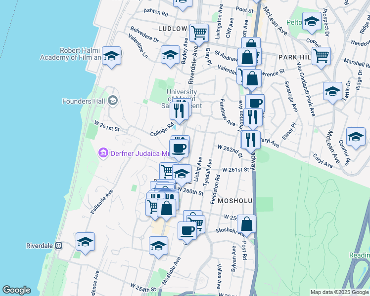 map of restaurants, bars, coffee shops, grocery stores, and more near 6141 Delafield Avenue in Bronx