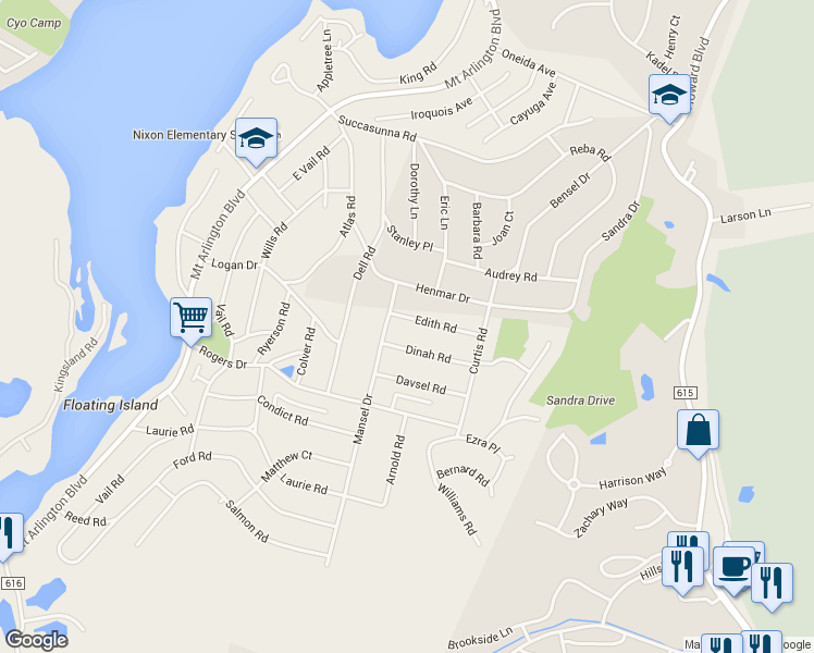 map of restaurants, bars, coffee shops, grocery stores, and more near 504 Edith Road in Roxbury Township