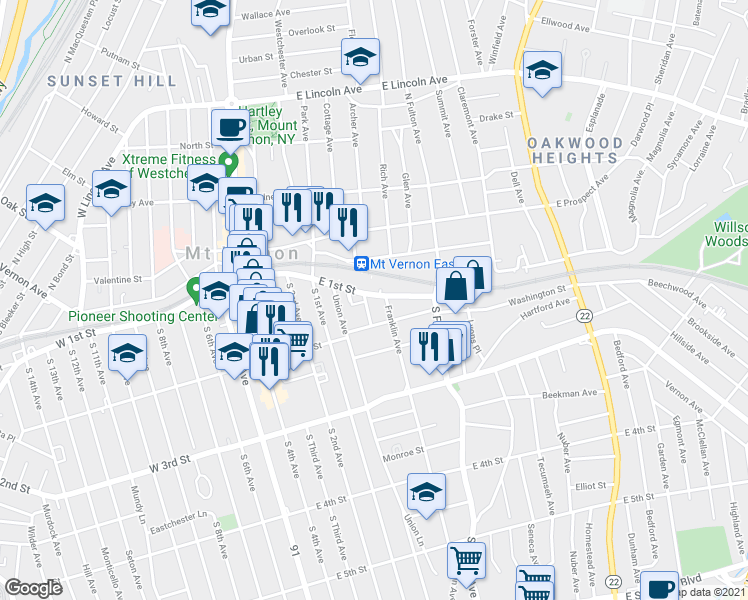 map of restaurants, bars, coffee shops, grocery stores, and more near 11 Brookdale Place in Mount Vernon