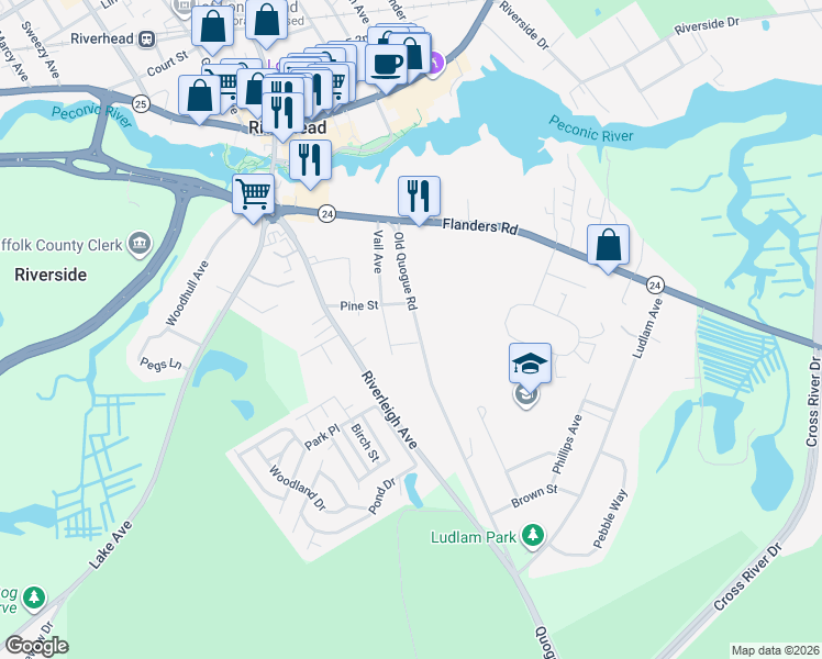 map of restaurants, bars, coffee shops, grocery stores, and more near 75 Old Quogue Road in Riverhead