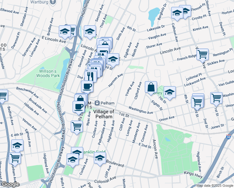map of restaurants, bars, coffee shops, grocery stores, and more near 33 Highbrook Avenue in Village of Pelham