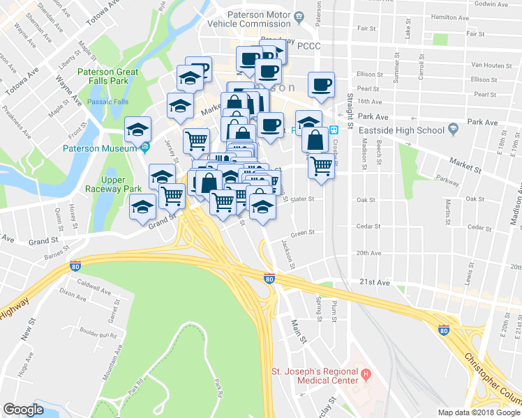 map of restaurants, bars, coffee shops, grocery stores, and more near 421 Main Street in Paterson