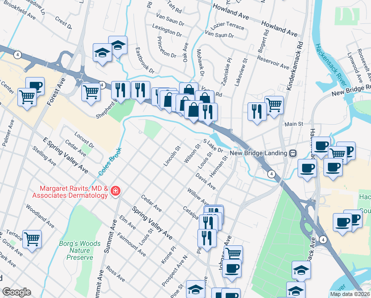 map of restaurants, bars, coffee shops, grocery stores, and more near 97 Coles Avenue in Hackensack