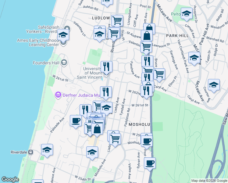 map of restaurants, bars, coffee shops, grocery stores, and more near 6141 Delafield Avenue in Bronx