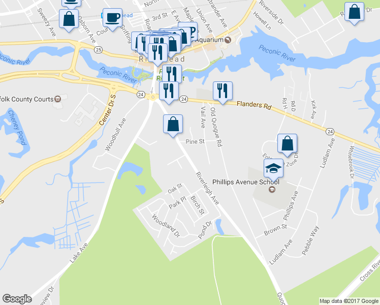map of restaurants, bars, coffee shops, grocery stores, and more near 432 Riverleigh Avenue in Riverhead