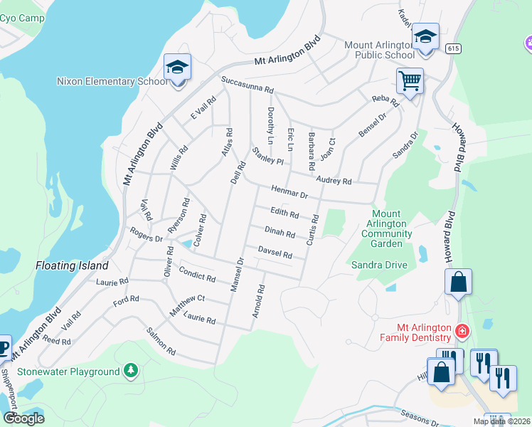 map of restaurants, bars, coffee shops, grocery stores, and more near 504 Edith Road in Roxbury Township