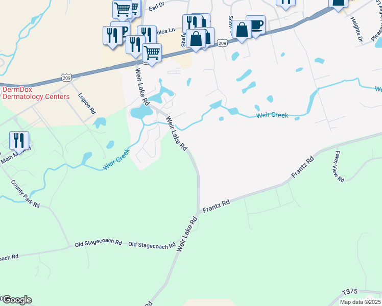 map of restaurants, bars, coffee shops, grocery stores, and more near 836 Weir Lake Road in Brodheadsville