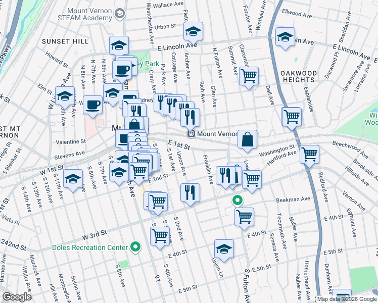 map of restaurants, bars, coffee shops, grocery stores, and more near 11 Brookdale Place in Mount Vernon