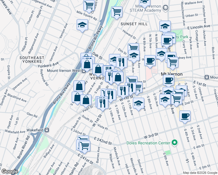 map of restaurants, bars, coffee shops, grocery stores, and more near 15 South Bleeker Street in Mount Vernon