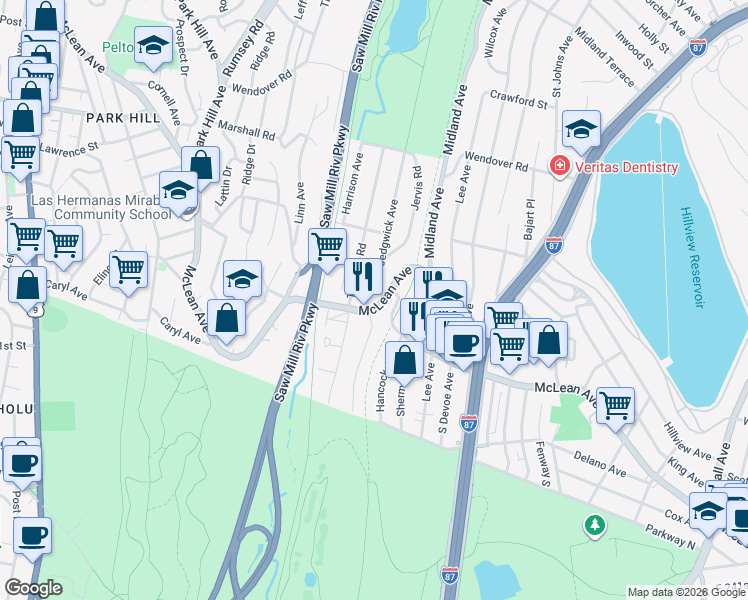 map of restaurants, bars, coffee shops, grocery stores, and more near 95 Sedgwick Avenue in Yonkers