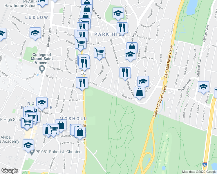 map of restaurants, bars, coffee shops, grocery stores, and more near 197 Saratoga Avenue in Yonkers