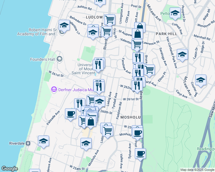 map of restaurants, bars, coffee shops, grocery stores, and more near 6141 Delafield Avenue in Bronx