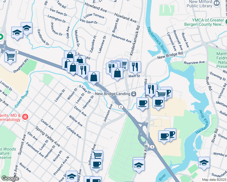 map of restaurants, bars, coffee shops, grocery stores, and more near 6 New Jersey 4 in River Edge