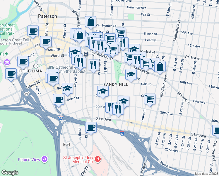 map of restaurants, bars, coffee shops, grocery stores, and more near 103 Beech Street in Paterson