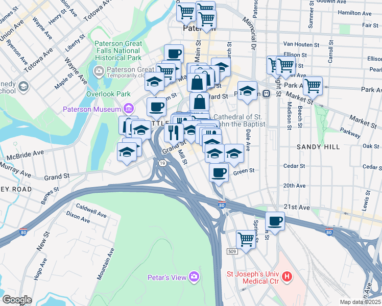 map of restaurants, bars, coffee shops, grocery stores, and more near 68 Marshall Street in Paterson