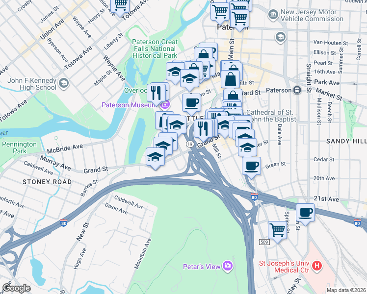 map of restaurants, bars, coffee shops, grocery stores, and more near 90 Spruce Street in Paterson