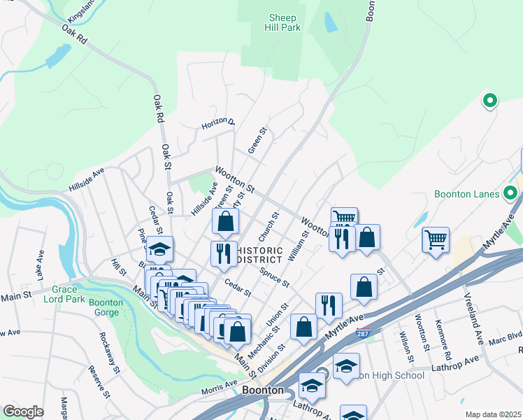 map of restaurants, bars, coffee shops, grocery stores, and more near 525 Boonton Avenue in Boonton
