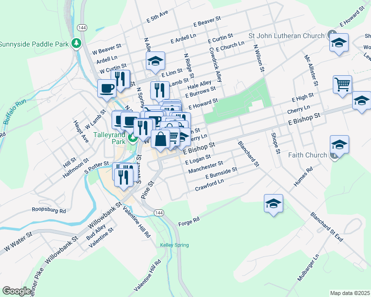 map of restaurants, bars, coffee shops, grocery stores, and more near 132-164 East Bishop Street in Bellefonte