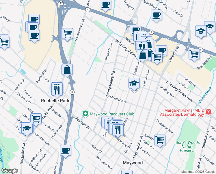 map of restaurants, bars, coffee shops, grocery stores, and more near 751 Spring Valley Road in Maywood