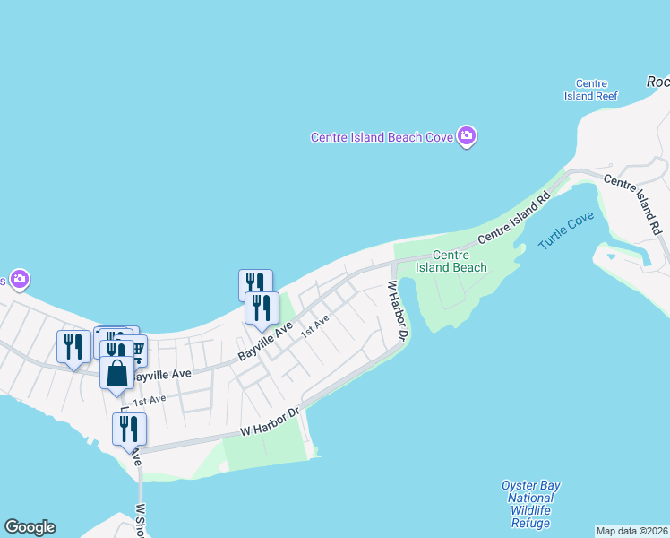 map of restaurants, bars, coffee shops, grocery stores, and more near 23 Pine Lane in Bayville