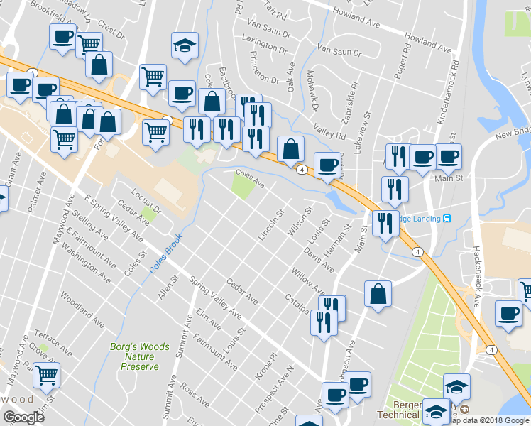 map of restaurants, bars, coffee shops, grocery stores, and more near 130 Davis Avenue in Hackensack