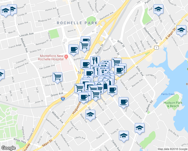 map of restaurants, bars, coffee shops, grocery stores, and more near 237 Huguenot Street in New Rochelle