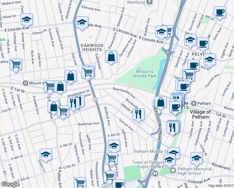 map of restaurants, bars, coffee shops, grocery stores, and more near 86 Brookside Avenue in Mount Vernon
