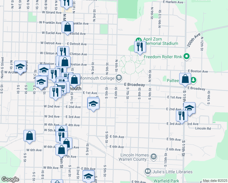 map of restaurants, bars, coffee shops, grocery stores, and more near 163-199 S 6th St in Monmouth