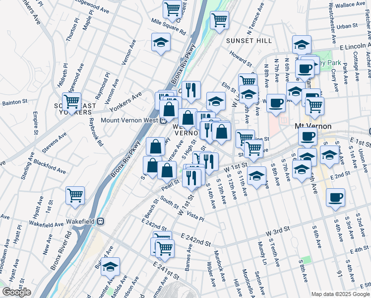 map of restaurants, bars, coffee shops, grocery stores, and more near 32 South High Street in Mount Vernon