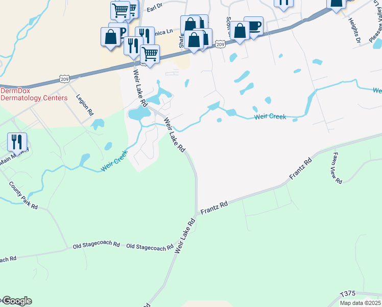 map of restaurants, bars, coffee shops, grocery stores, and more near 836 Weir Lake Road in Brodheadsville