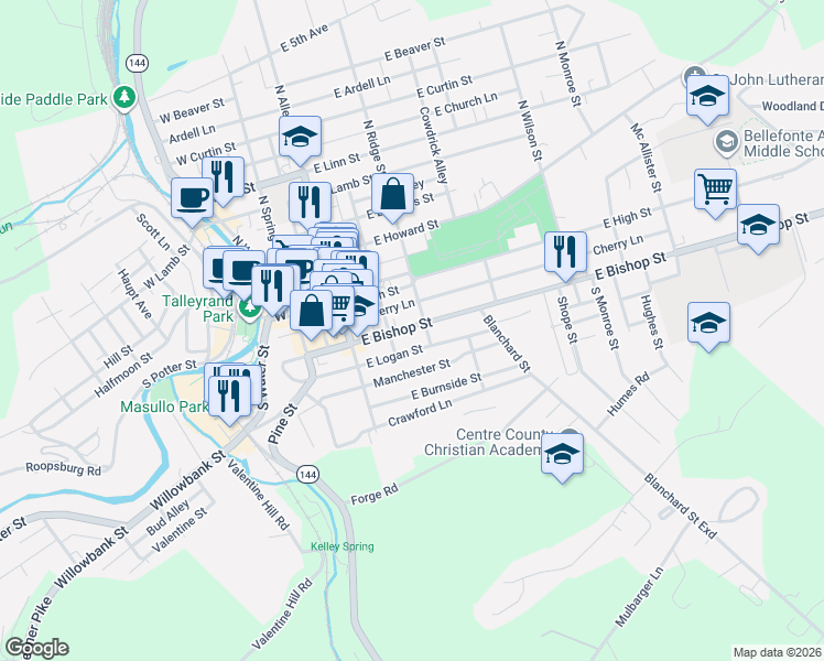 map of restaurants, bars, coffee shops, grocery stores, and more near 224 Bishop Street in Bellefonte
