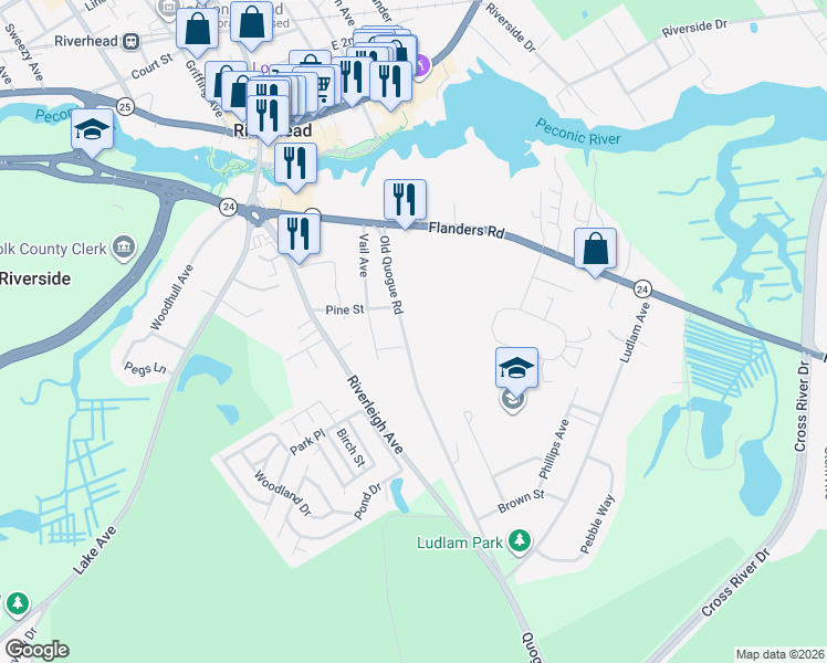 map of restaurants, bars, coffee shops, grocery stores, and more near 75 Old Quogue Road in Riverhead