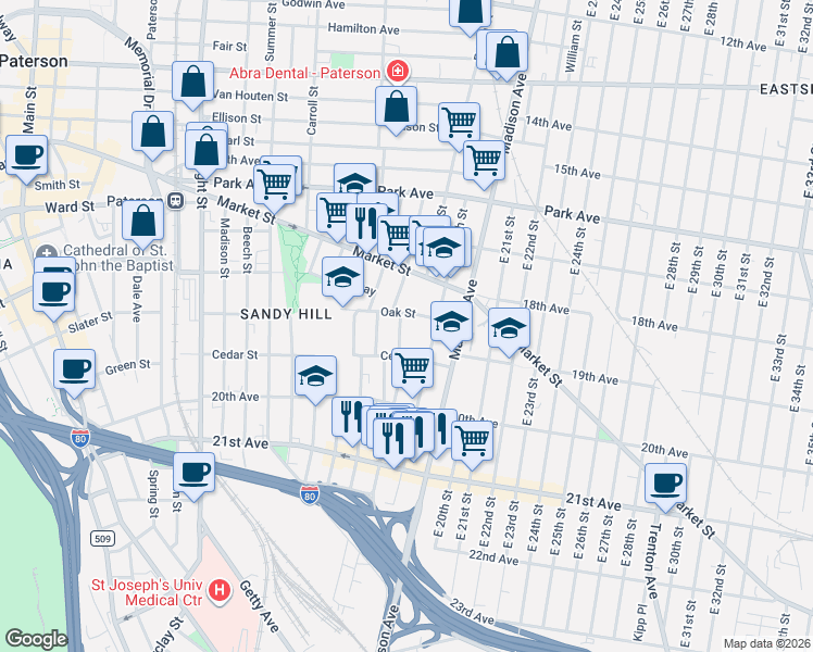 map of restaurants, bars, coffee shops, grocery stores, and more near 17 Lewis Street in Paterson